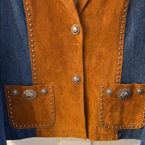 Stunning Cripple Creek Brown Leather Jacket w/ heavy Blue Jean Fabric & Conchos - Picture 5 of 16